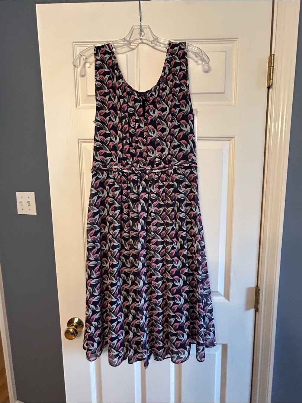 Boden Navy Midi Dress with Pink Leaf Print